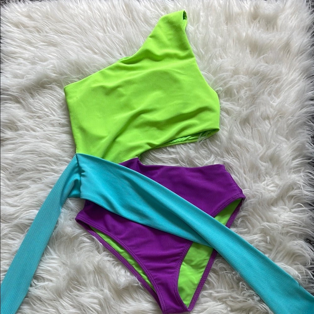 Beach Riot Neon Green and Purple One Shoulder One Piece